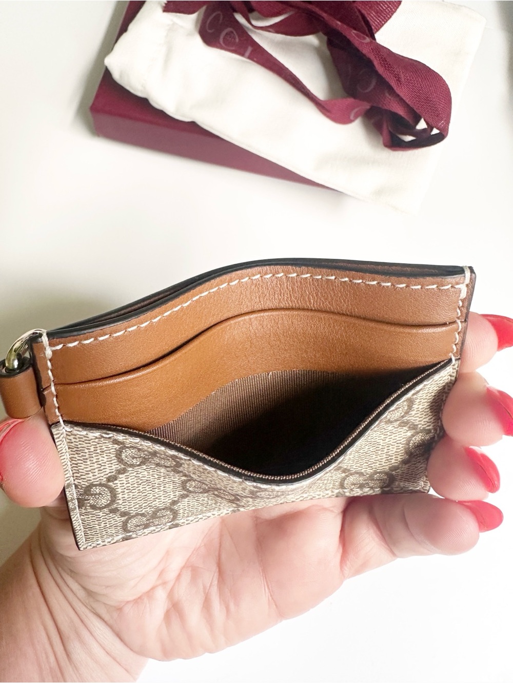 Gucci GG Emblem Card Case with Strap Beige and Dark Brown Fabric NWB - Picture 14 of 14